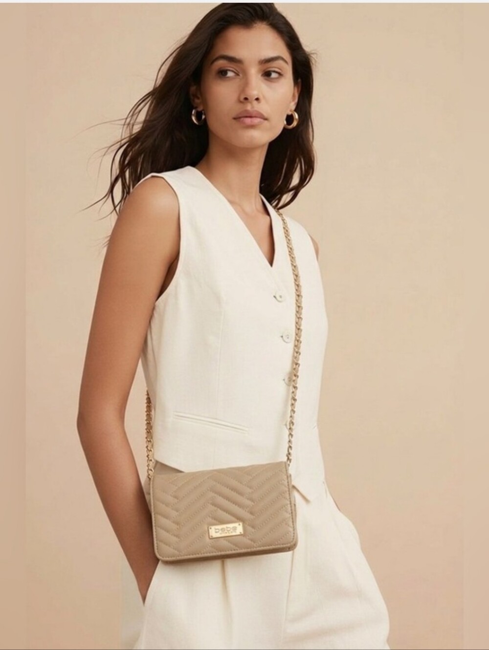 NWT Bebe Sophia Quilted Crossbody Bag Cream Gold